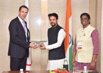 Union YAS Minister Anurag Singh Thakur hold bilateral meetings with international sports federation representatives Jean-Christophe Rolland and Lord Sebastian Coe