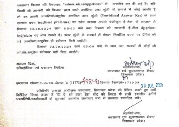 91 पदों पर कारागार एवं सुधारात्मक सेवाएं विभाग हिमाचल प्रदेश हेतू दिनाकं 28.07.2024 को आयोजित की गई लिखित परीक्षा की अनंतिम उतर कुंजी जारी करने के विषय में