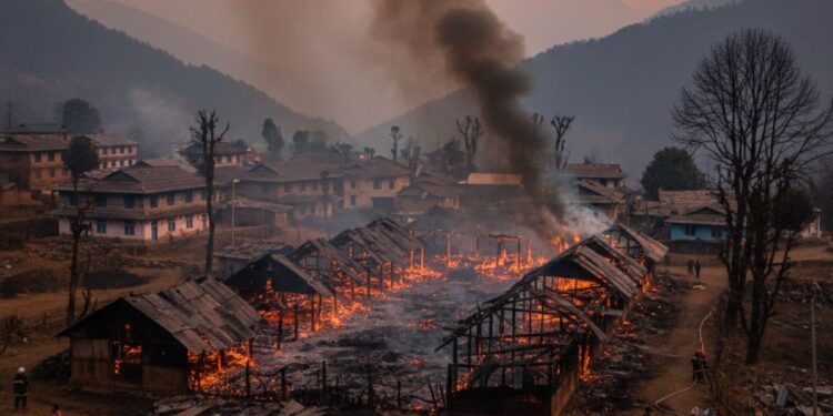A massive fire broke out in Pekhadi village of Teerthan Valley, completely burning down four cow shelters.